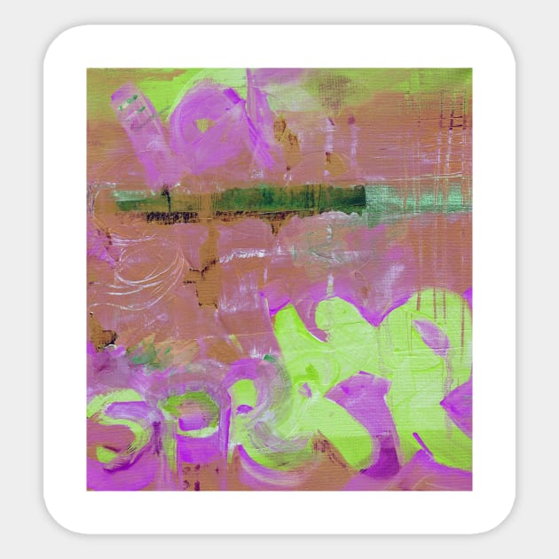 Seaside, surf, sea coast, soft wave. Modern abstract colorful painting with hand-painted texture. Oil on canvas. Terracotta-pink-green painting with splashes, drops of paint, paint smears, letters. Design for the  fabric, wallpapers, covers and packaging. Sticker by Olesya Pugach